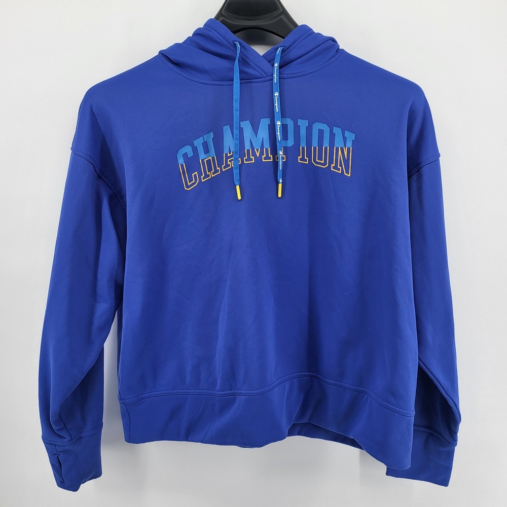 Champion Hoodie Women's XL Blue Cropped Pullover Drawstring Spellout Casual